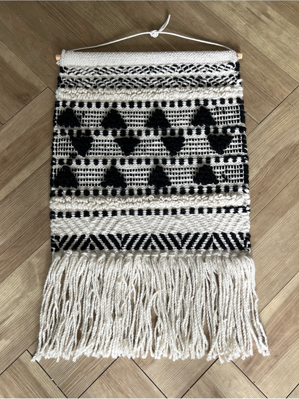 Bohemian Boho Woven Wall Hanging Tapestry Fringe Black Ivory Textile Art